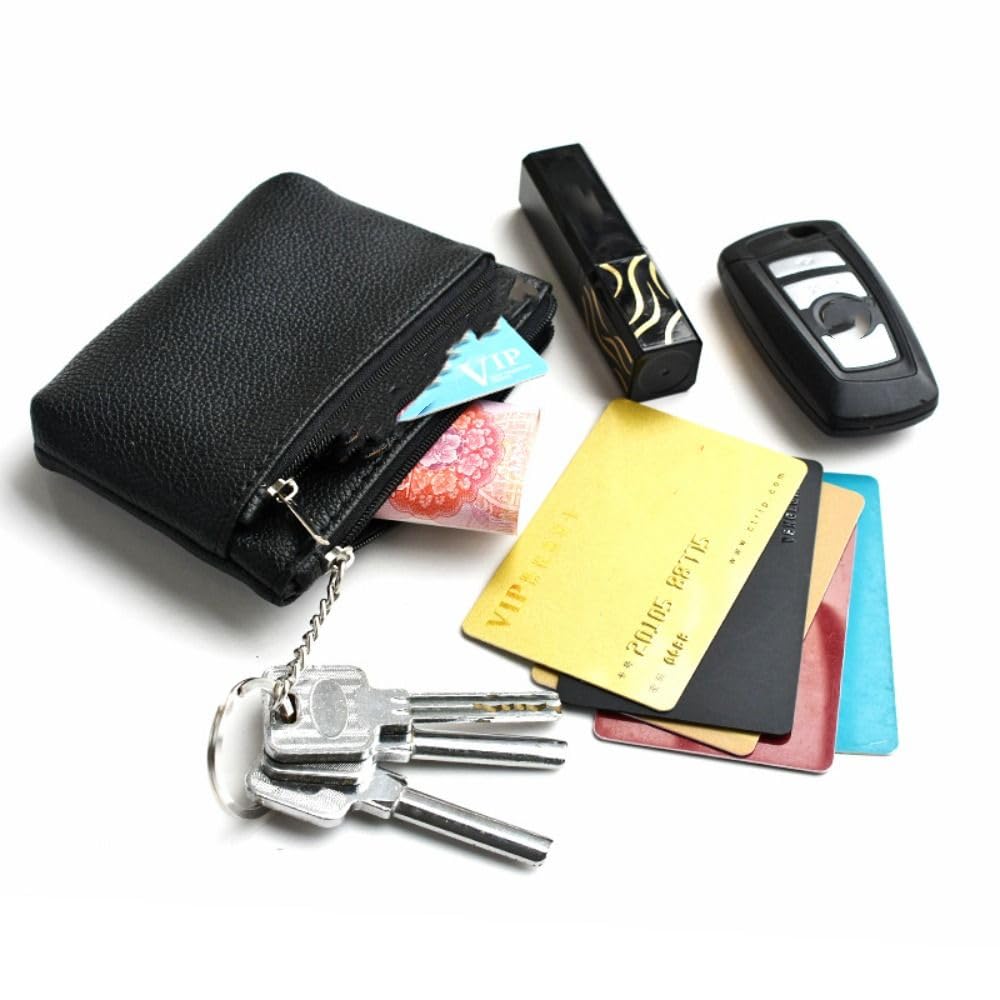 Mini Change Purse with Key Ring Small Zipper Short Wallet Card Pocket PU Leather Coin Purse Outdoor(black)