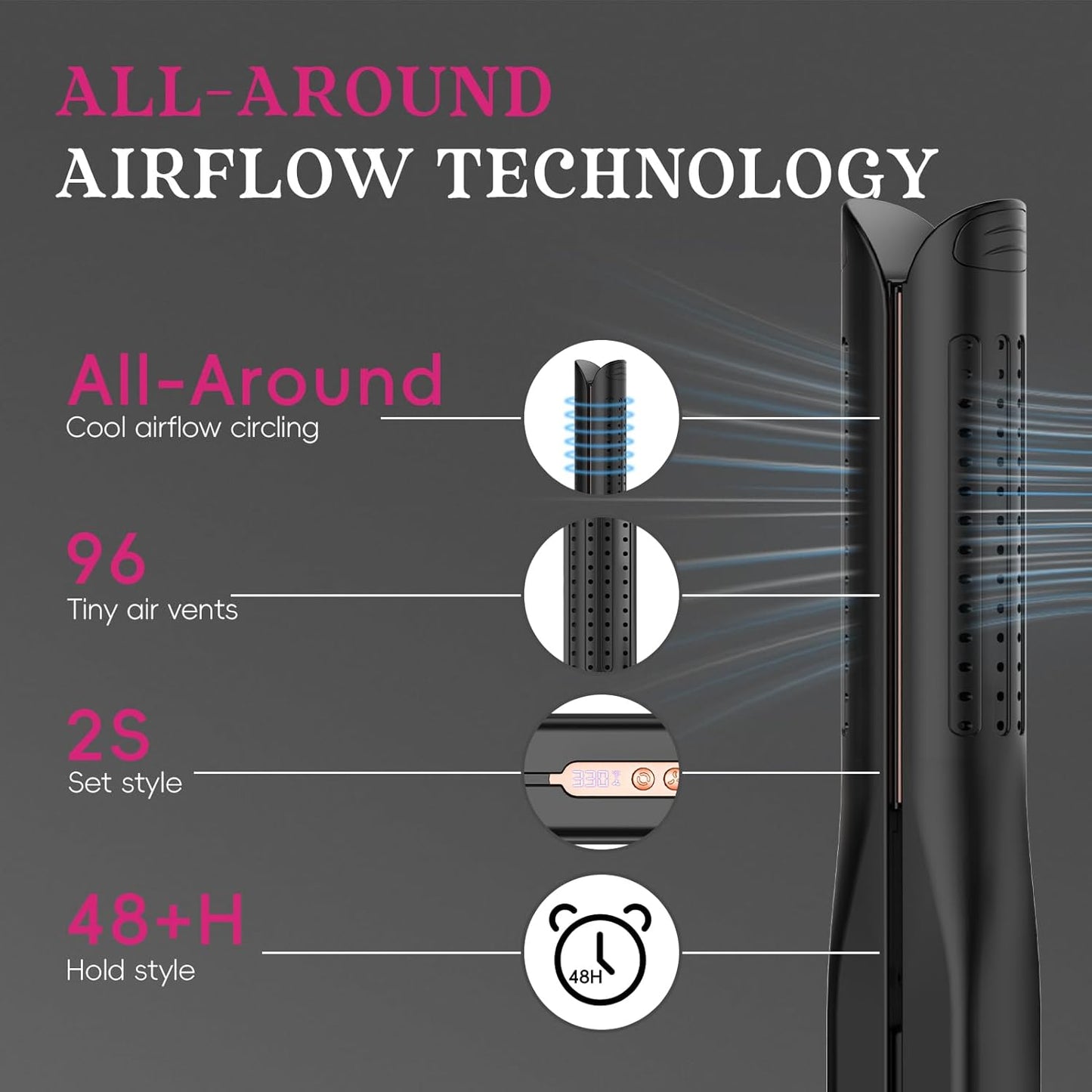 SKIMI Airflow Styler 2.0 - Titanium Flat Iron & Curling Wand with 96 Cool Air Vents | Dual Voltage, Anti-Tangle, 5 Heat Settings (Black & Champagne)