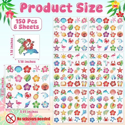 150 PCS Glitter Hawaiian Temporary Tattoos - Hibiscus & Flamingo Designs