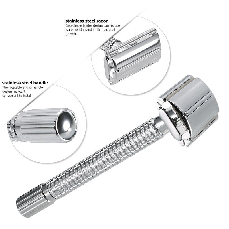 Safety Razor Metal Double-edged Shaving Razor Manual Mustache Removal Traditional Shaving Tool with 20Pcs Razor Blades for Hotel Home Travel (Silver)