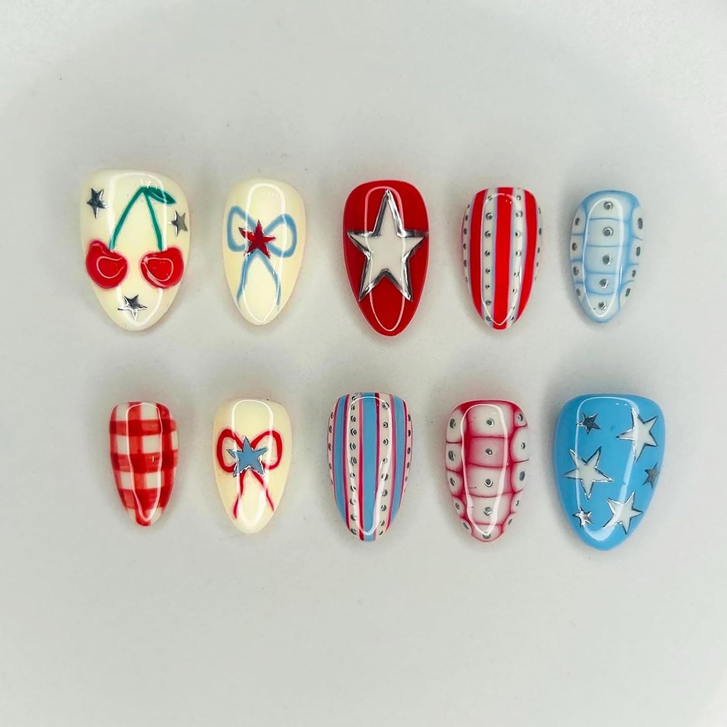 French Tip Press On Nails - Short Almond 3D Pearl & Starfish Design | Blue White Acrylic Full Cover for DIY Manicure