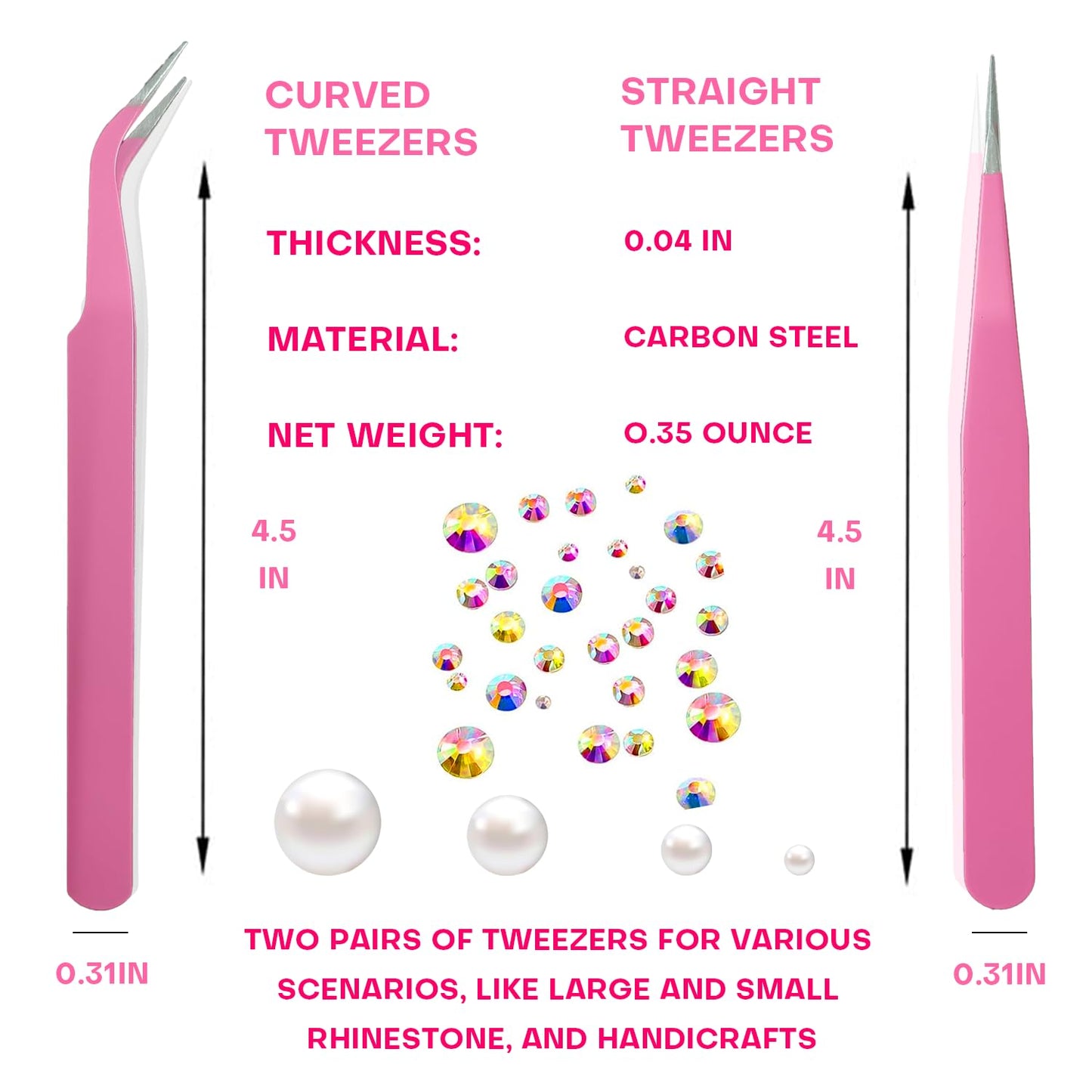 8 Pink Rhinestone Picker Tool Set - 2 Pcs Dual-Head Wax Pens with 2 Wax Tips and 2 Pink Tweezers, Wax Pencil for Rhinestones, Crystal Diamond Pickup Tool for Nail Art, Gem and Crystal Application Kit
