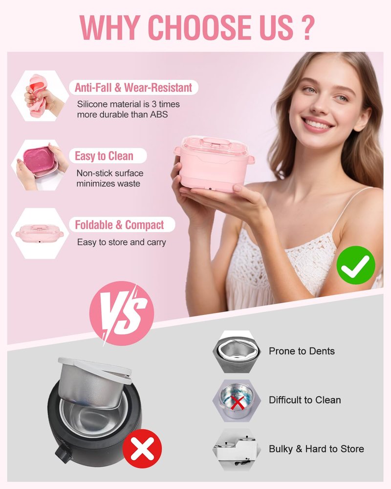 Silicone Wax Warmer for Hair Removal, Foldable Waxing Heater Machine for Melting Hard Soft Wax Beads, 18.6oz Electric Waxing Kit Silicone Wax Pot - Beginner Friendly, Fast Heating, Easy to Clean