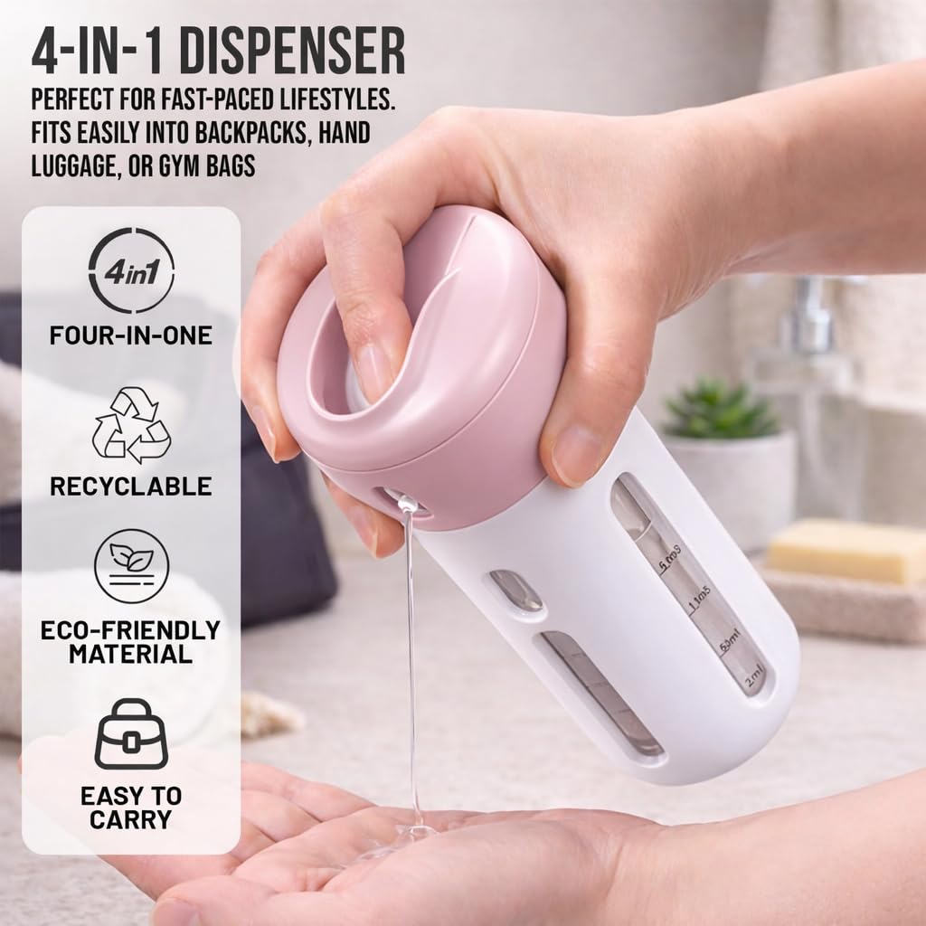 Travigo 4-in-1 Travel Dispenser Bottle, TSA Approved, Leak Proof, Four Reusable 1.4 oz. (40 mL) Toiletry Containers for Shampoo, Conditioner, Soap, Lotion, Skincare (Pink)