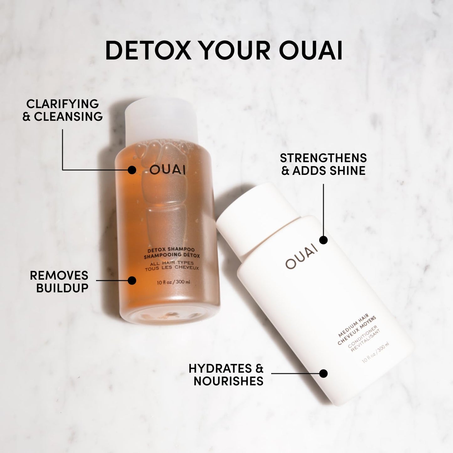 OUAI Detox Shampoo & Conditioner Bundle - Clarifying Shampoo for Build-Up, Dirt, Oil & Hydrating Conditioner for Medium Hair | 2 Count