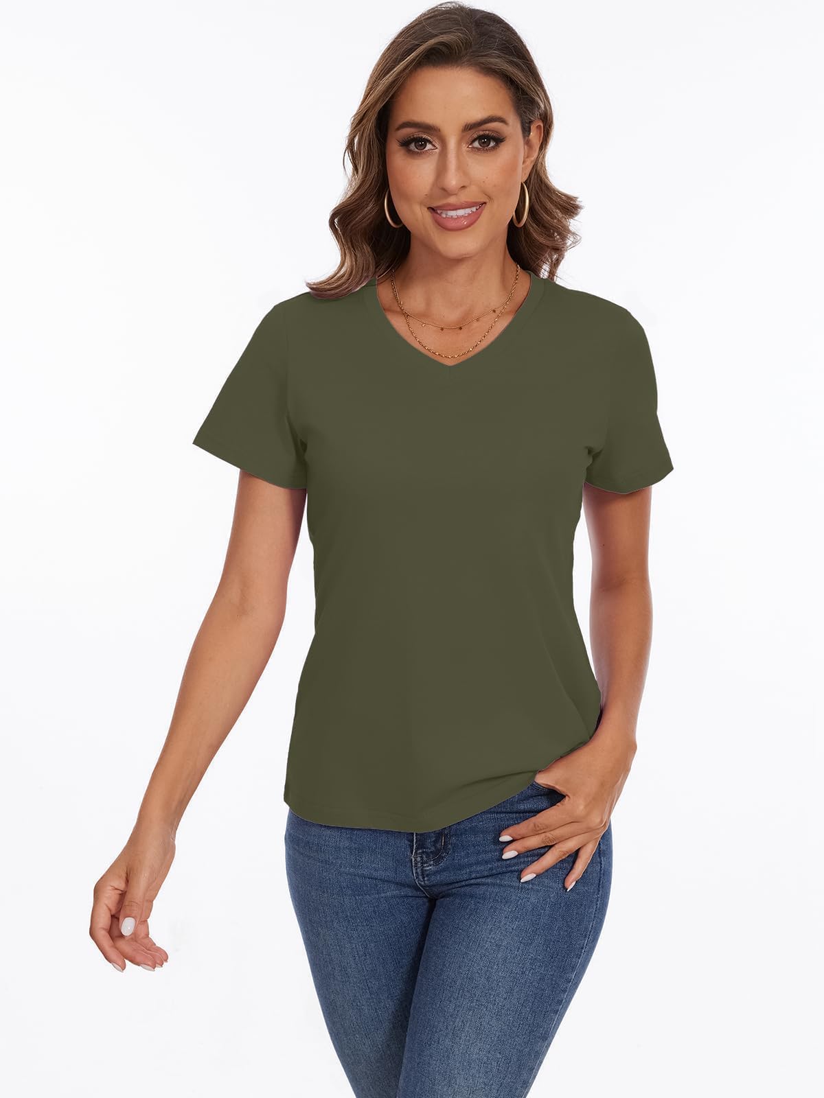 SMENG Women's Cotton V Neck T-Shirt Short Sleeve Solid Color Tee Casual Fit Tee Breathable Summer Fashion Tops