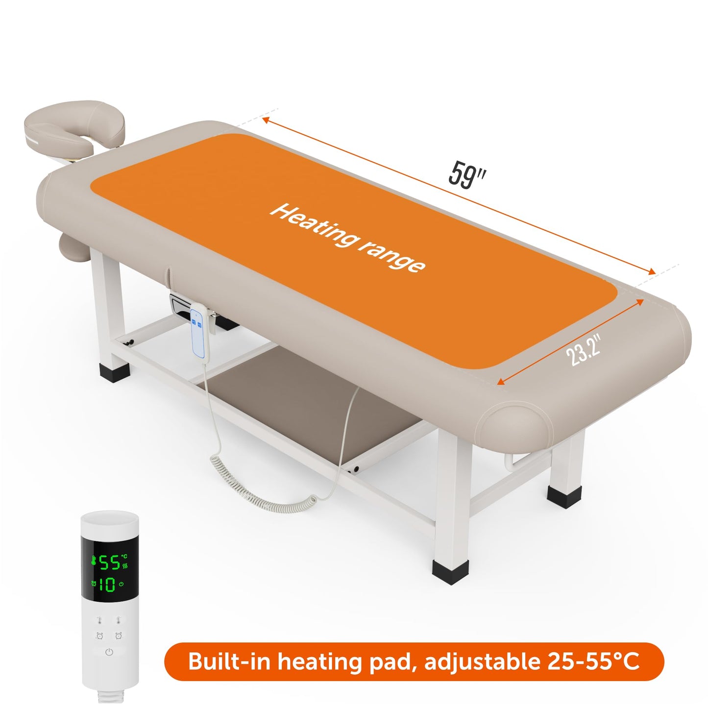 pouseayar Heavy Duty Electric Stationary Massage Table with Heating Function, Backrest Adjustable and Storage Space for Treatment/Medical Spa/Facial/Beauty/Massage Bed - 30 x 75 - Beige Gray
