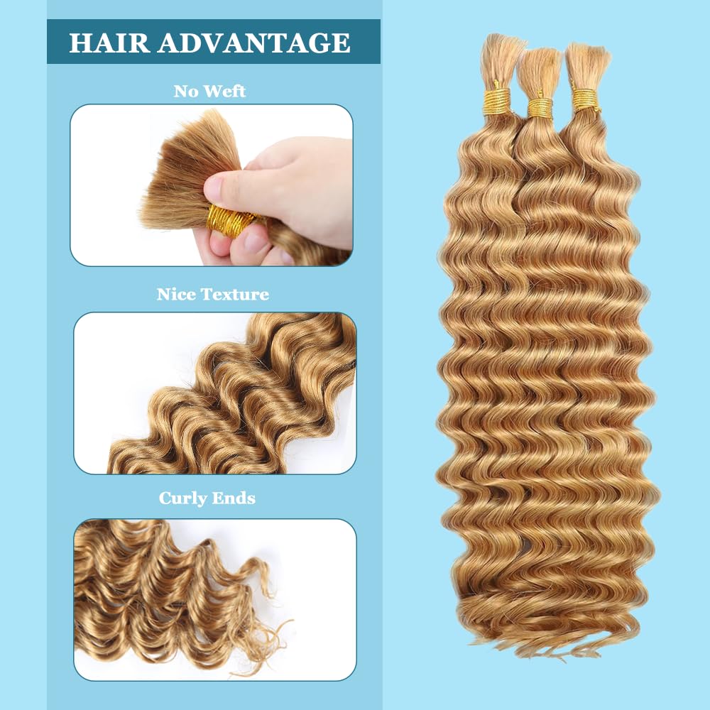 26 inch Blonde Human Braiding Hair 3 Bundles 150g Honey Blonde Deep Wave Bulk Huam Hair for Braiding Curly Knotless 10A Brazilian Virgin No Weft #27