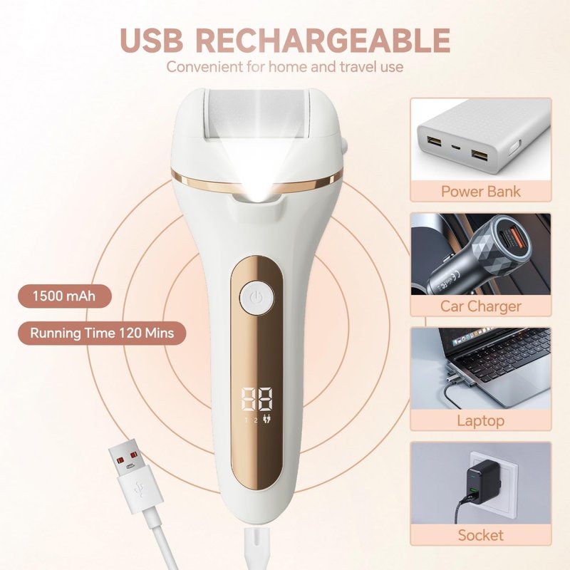 Electric Foot Callus Remover Rechargeable Pedicure Kit with 3 Roller Heads 2 Speed IPX6 Waterproof Foot File Pedicure Tools Professional Foot Care for Dead Cracked Dry Skin White