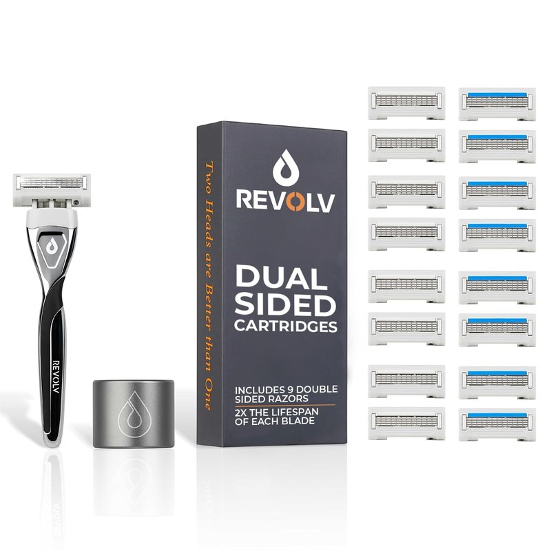 REVOLV - Men’s Razor Shaving Kit - 1 Premium Weighted Handle + 9 Dual-Sided Cartridges + 1 Stand - For a Closer, Smoother Shave - Safe on Sensitive Skin - 8 Razor Blade Refills - Black
