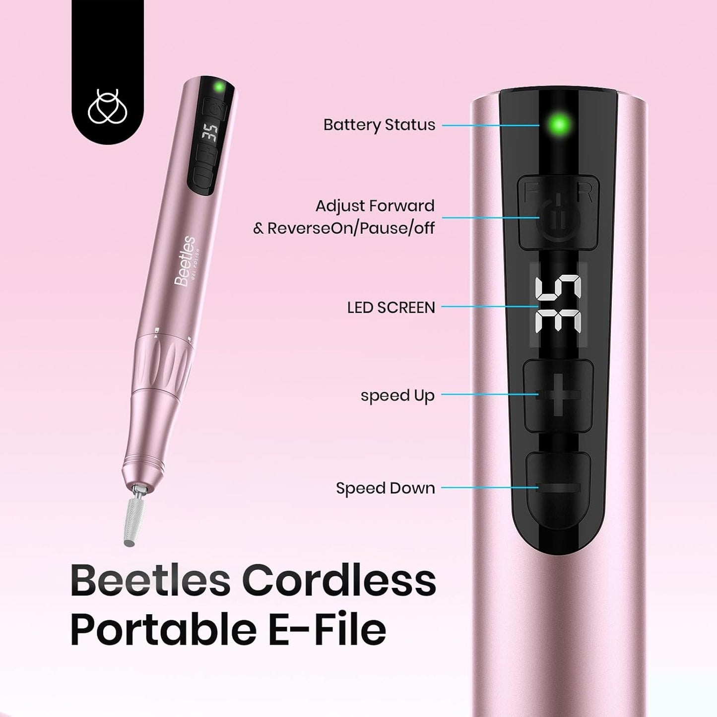 Beetles Electric Nail Drill - Cordless 35 Speed Portable Polishing Set | Rose Gold, Long Battery Life for Home & Salon Use