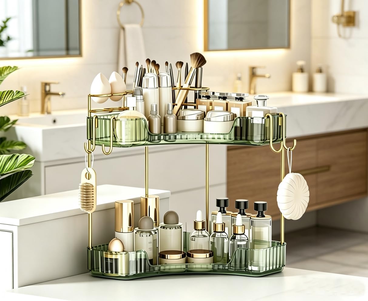 3-Tier Corner Bathroom Organizer - Makeup & Skincare Shelf with Built-in Brush Holder | Space-Saving Amber Design