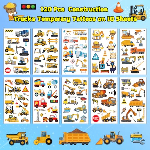 Construction Trucks Temporary Tattoos for Kids - 120 Pcs
