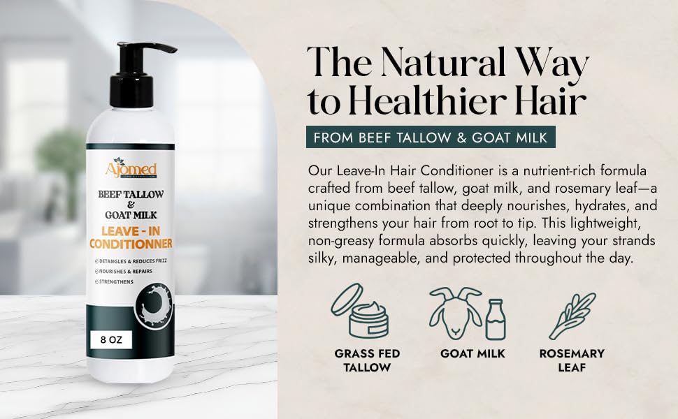 Beef Tallow & Goat Milk Leave-In Conditioner - Anti-Frizz Hair Detangler & Moisturizer for Dry, Damaged Hair | 8 Fl Oz