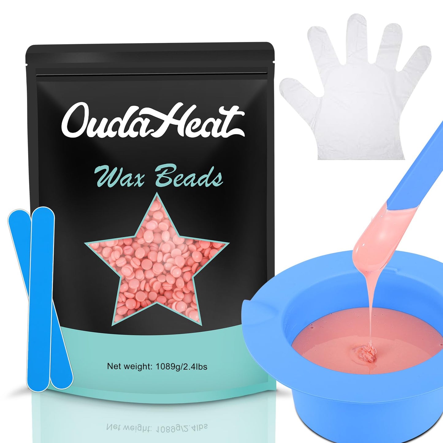 2.4 lb Hard Wax Beads Bulk, Professional Rosin-Free Brazilian Waxing Bead, Hypoallergenic Hair Removal Wax Bead for Sensitive Skin, Body, Bikini, Legs, Wax Beans Refill, 1 Silicone Pot and 5 Sticks