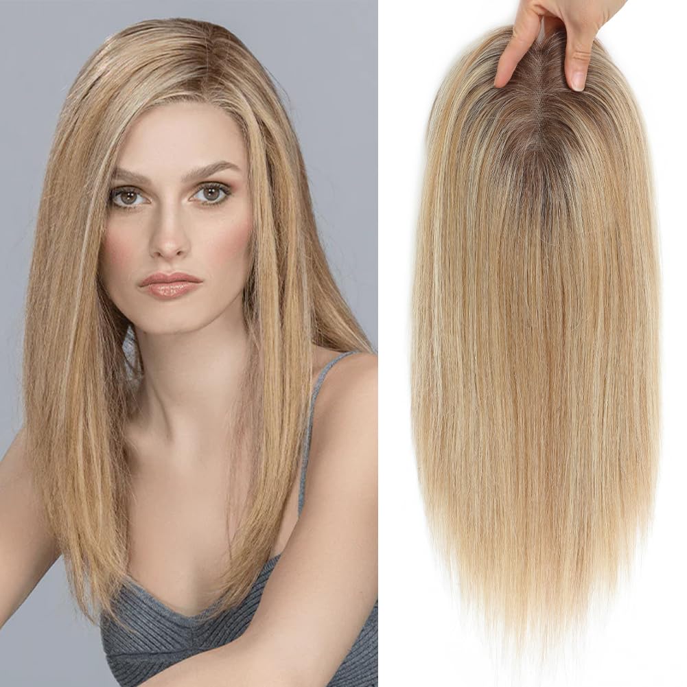 Human Hair Toppers for Women - Medium Brown with Warm Blonde Highlights | 10cm x 12cm