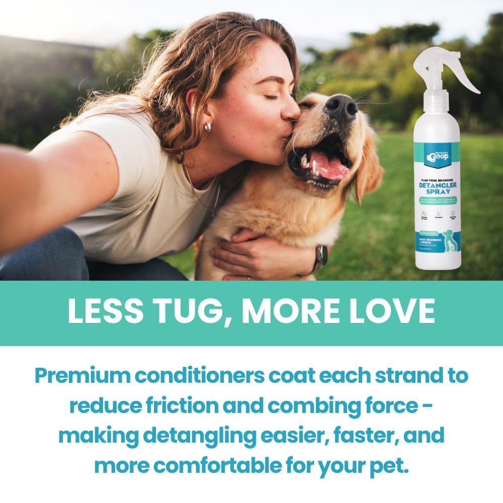Groomer’s Goop Pain Free Brushing Detangler Spray – Tangle-Reducing Leave-in Formula Softens & Smooths Dog & Cat Coats, Gently Removes Dirt & Loose Fur, Reduces Shedding, Dye-Free – 8 oz Bottle