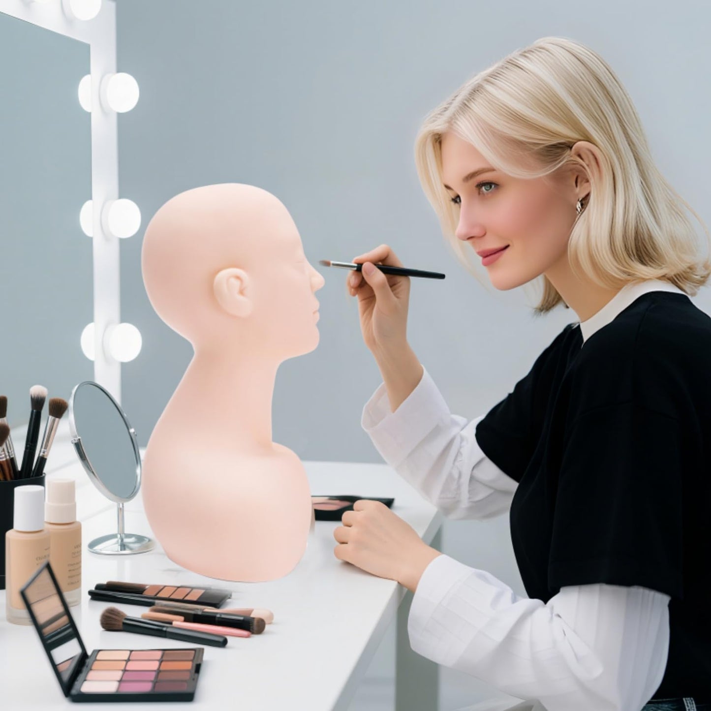 Dicunoy Esthetics Mannequin Head with Shoulder, Soft PVC Human Hair Mannequin Head for Makeup, Facial Techniques, Massage, Lash Extensions Practice, Wig Display, Salons Cosmetology School