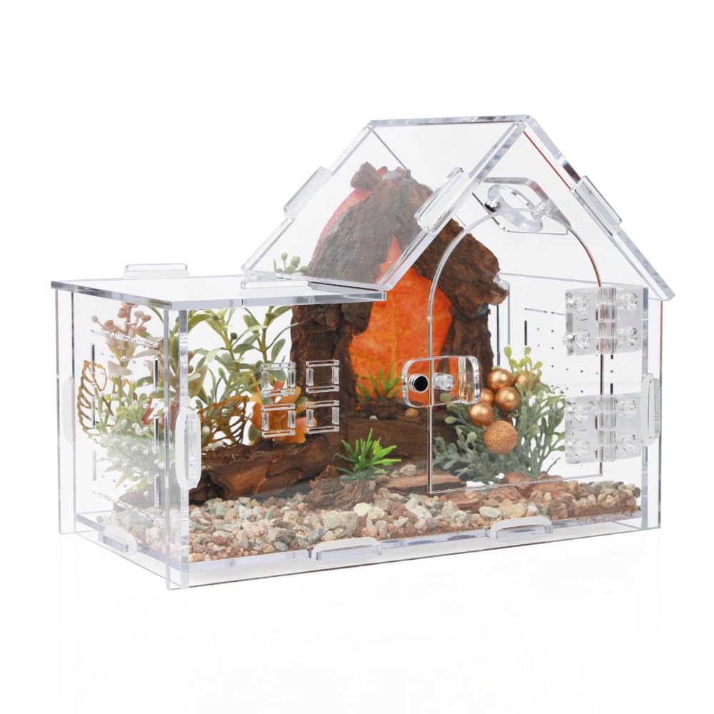 ZUIFIANLE Jumping Spider Enclosure, Acrylic Cabin Terrarium with Sloped Roof & Magnetic Front Door, for Arboreal Pets, Mantis, Small Reptile Habitat (Transparent Color, L 7.9",W 3.9",H 5.9")
