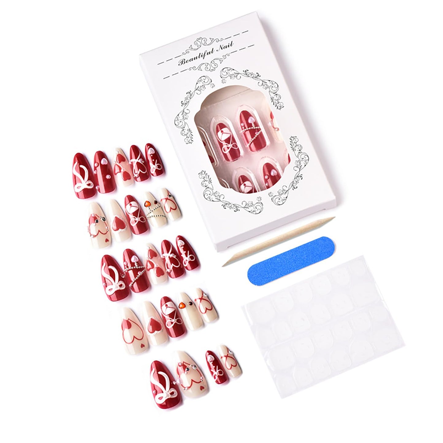 Valentine's Press-On Nails - 24 Pcs Medium Almond Acrylic Set with Heart Pearl Rhinestones & 3D Bow | Full Cover for Women