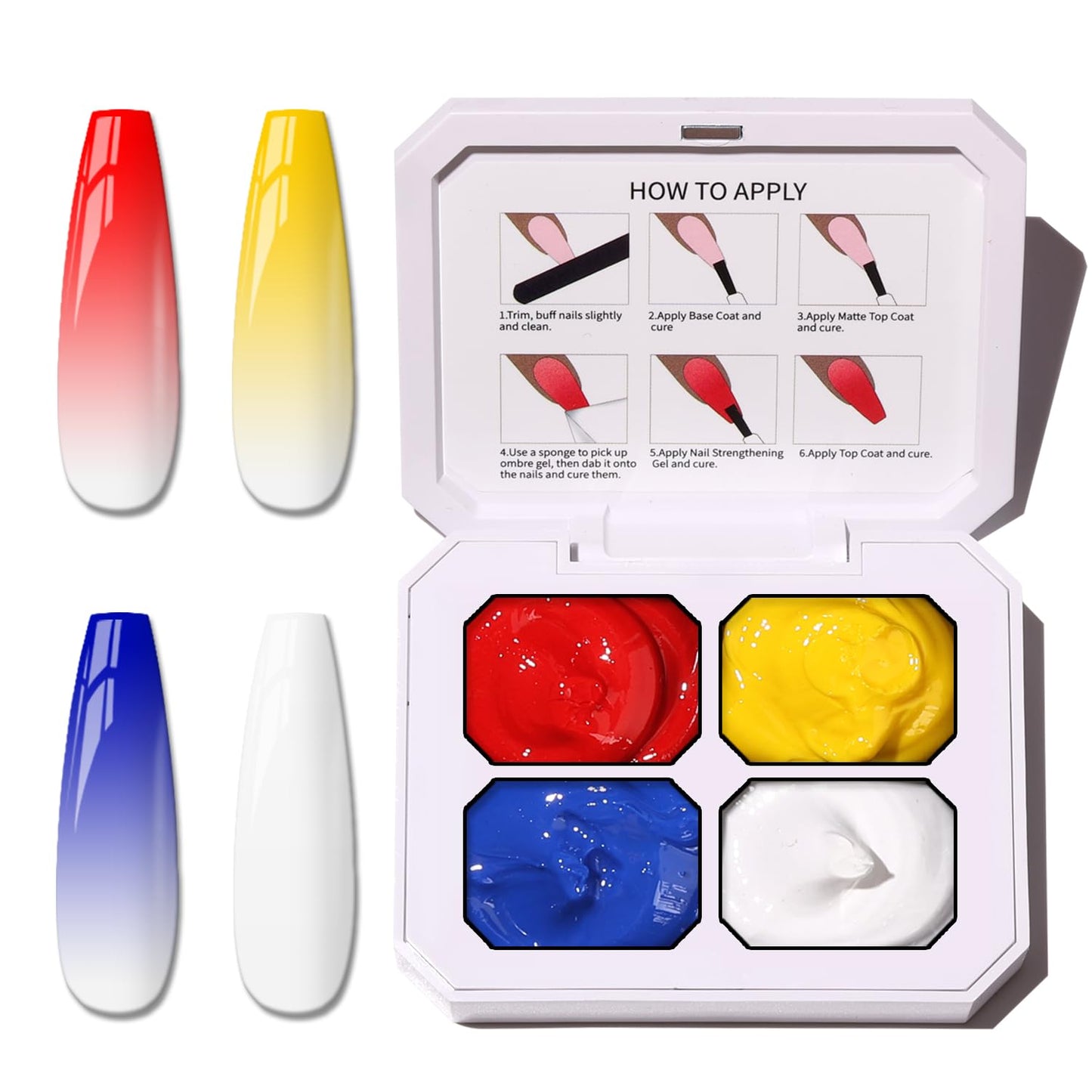Karroy Sponge Pat Gel Nail Polish Palette, Blue Red Yellow White 4 Colors Primary Blending Ombre Gel Polish Gradient Painting Nails Art, No Wipe, UV/LED Cured (4 Colors A)