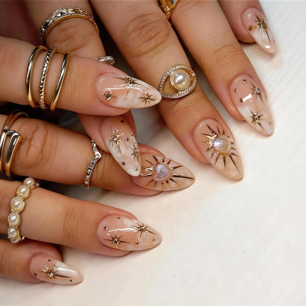 3D Gold Line French Tip Press-On Nails - Short Almond Glitter Light Nude | Handmade Acrylic Nails with 3D Pearl Designs