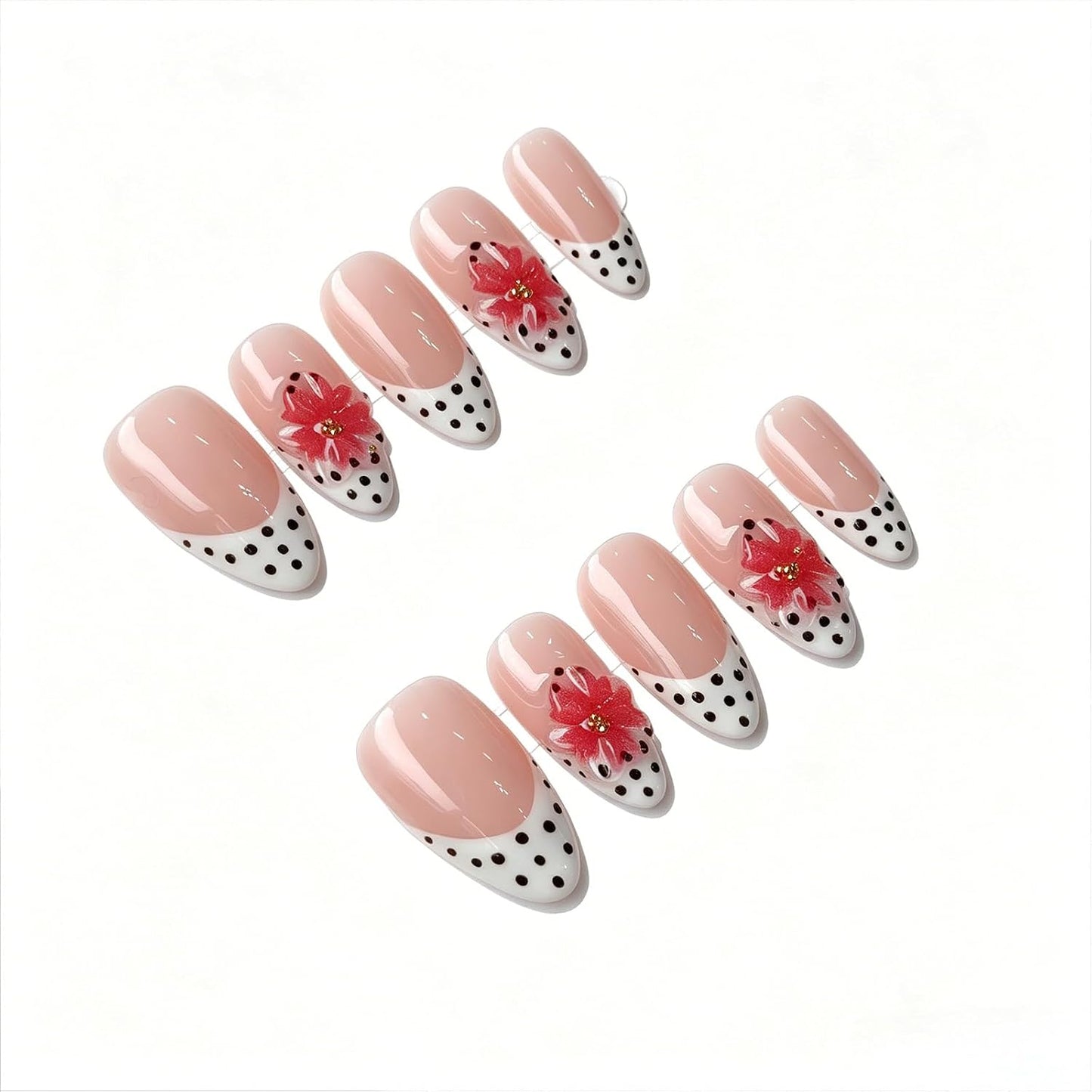 Brown French Tip Press On Nails - 3D Metallic Rhinestones | Medium Almond Reusable Acrylic False Nails (10 PCS)