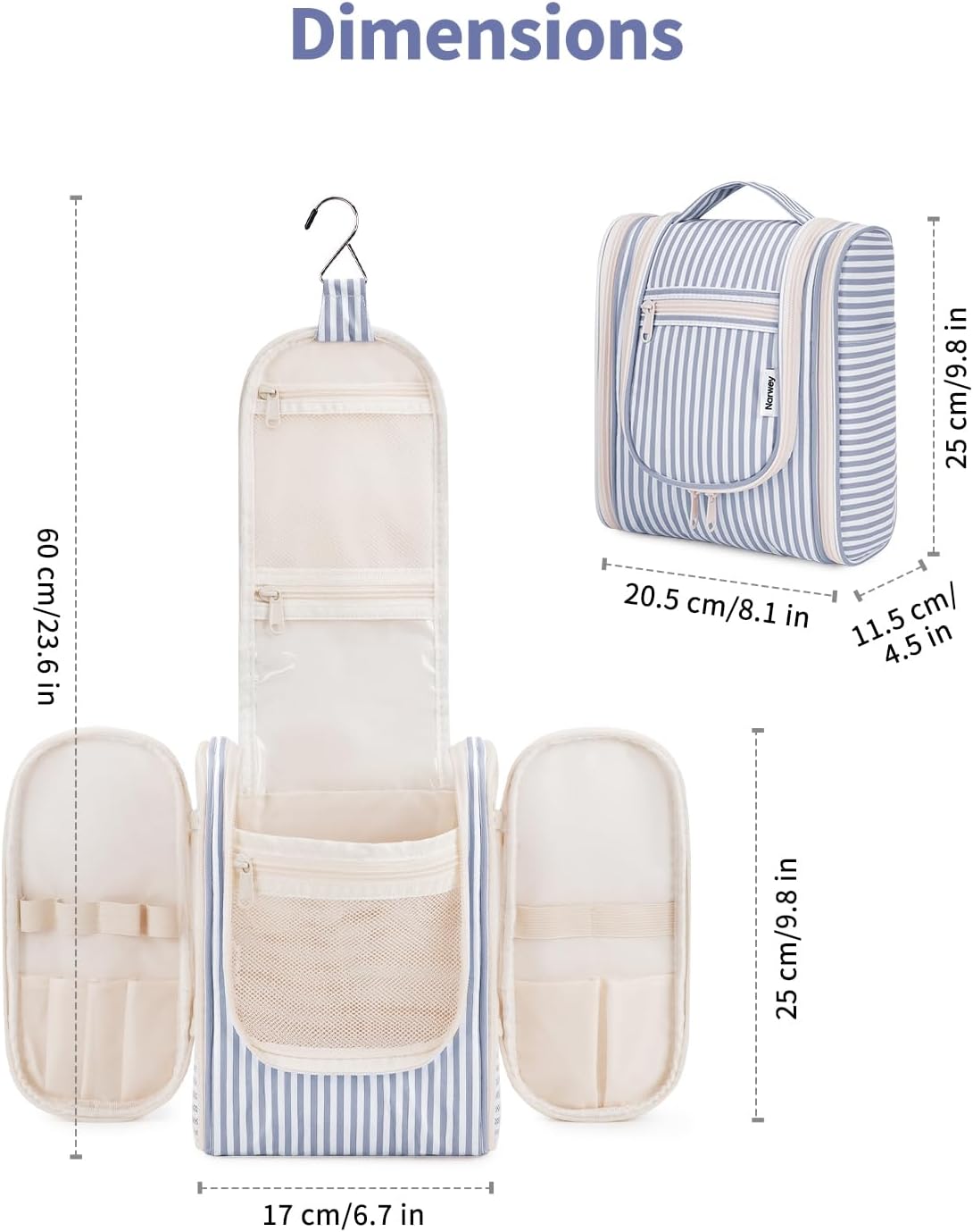 Small Striped Hanging Travel Toiletry Bag for Women - Makeup Organizer | Greyish Blue Stripe