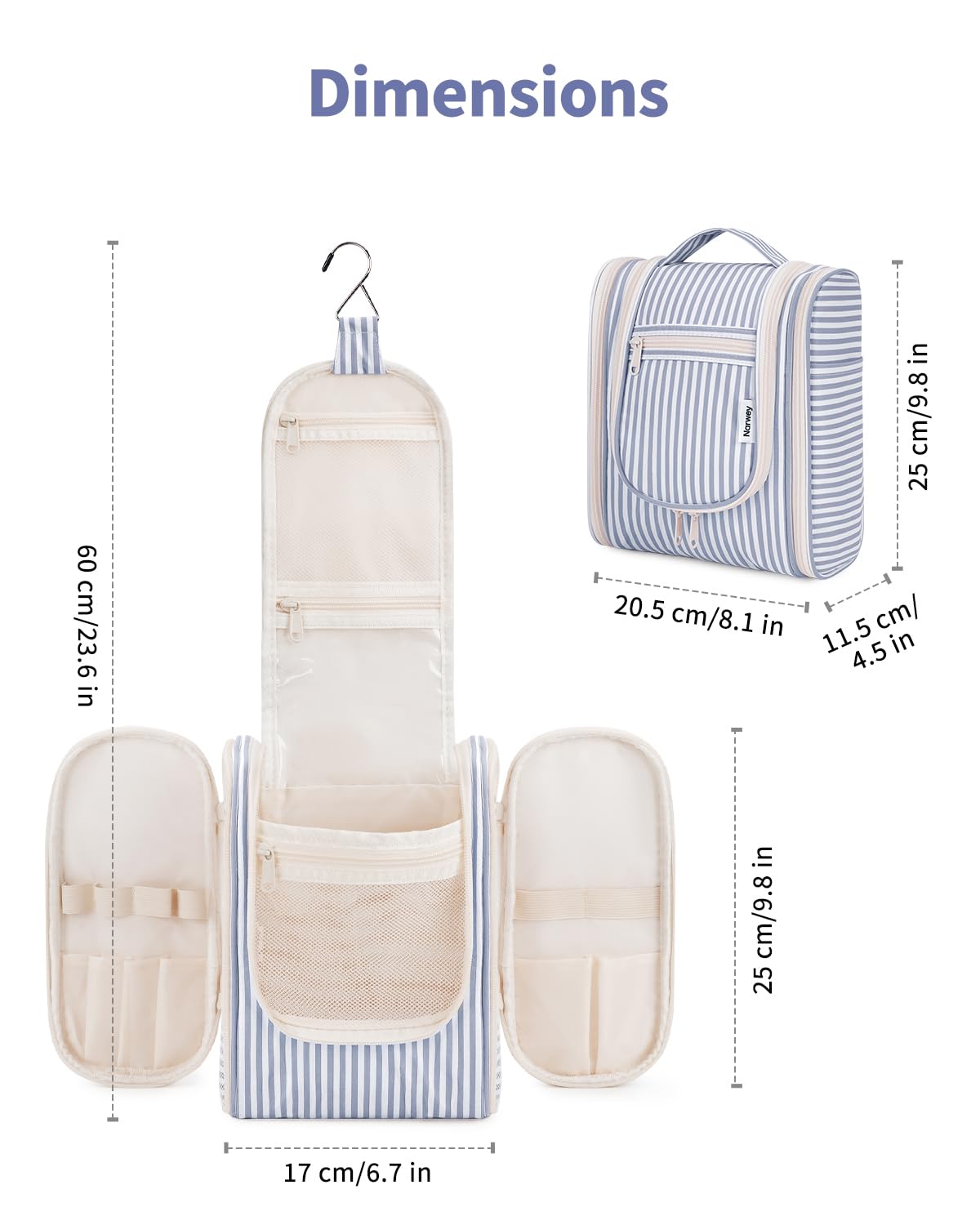 Narwey Small Striped Hanging Travel Toiletry Bag for Women, Travel Bag for Toiletries, Makeup Bag Organizer Cosmetic Bags Make Up Bags for Women (Greyish Blue Stripe)