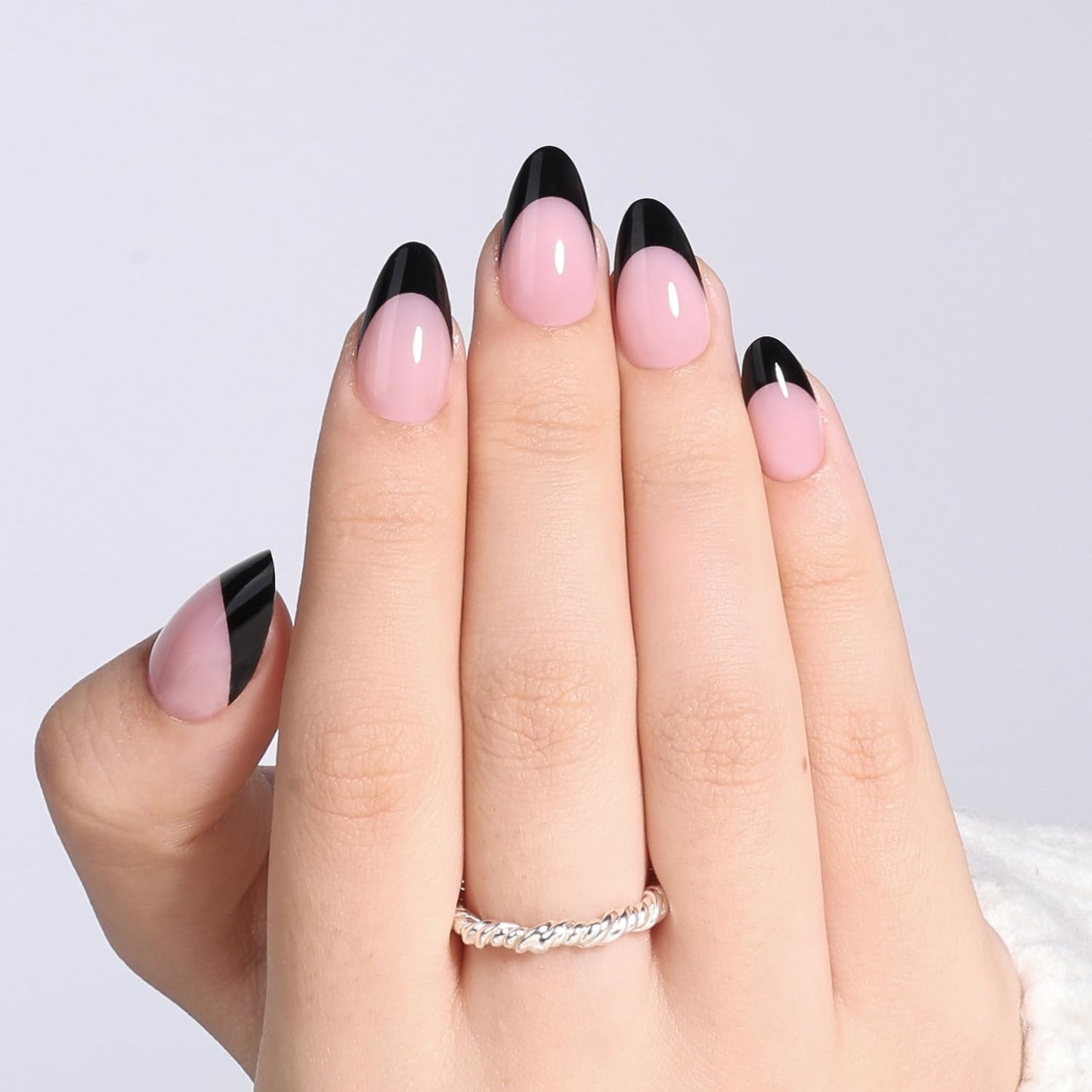 French Tip Press On Nails - Glossy Pink Almond Reusable Fake Nails | 32 Pieces in 16 Sizes with Glue