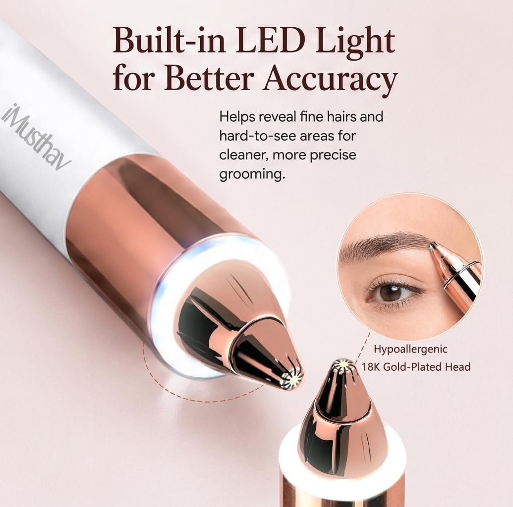 iMusthav Eyebrow Trimmer for Women, Precise & Painless Eyebrow Razor with LED Light, Electric Facial Hair Remover for Flawless Brows, Lip & Face, Battery Operated, Travel-Friendly, Gold-Plated Design