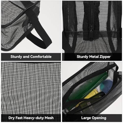 Cobee Portable Mesh Shower Bag with Zipper - Quick-Dry Toiletry Organizer 25x16cm (Black)