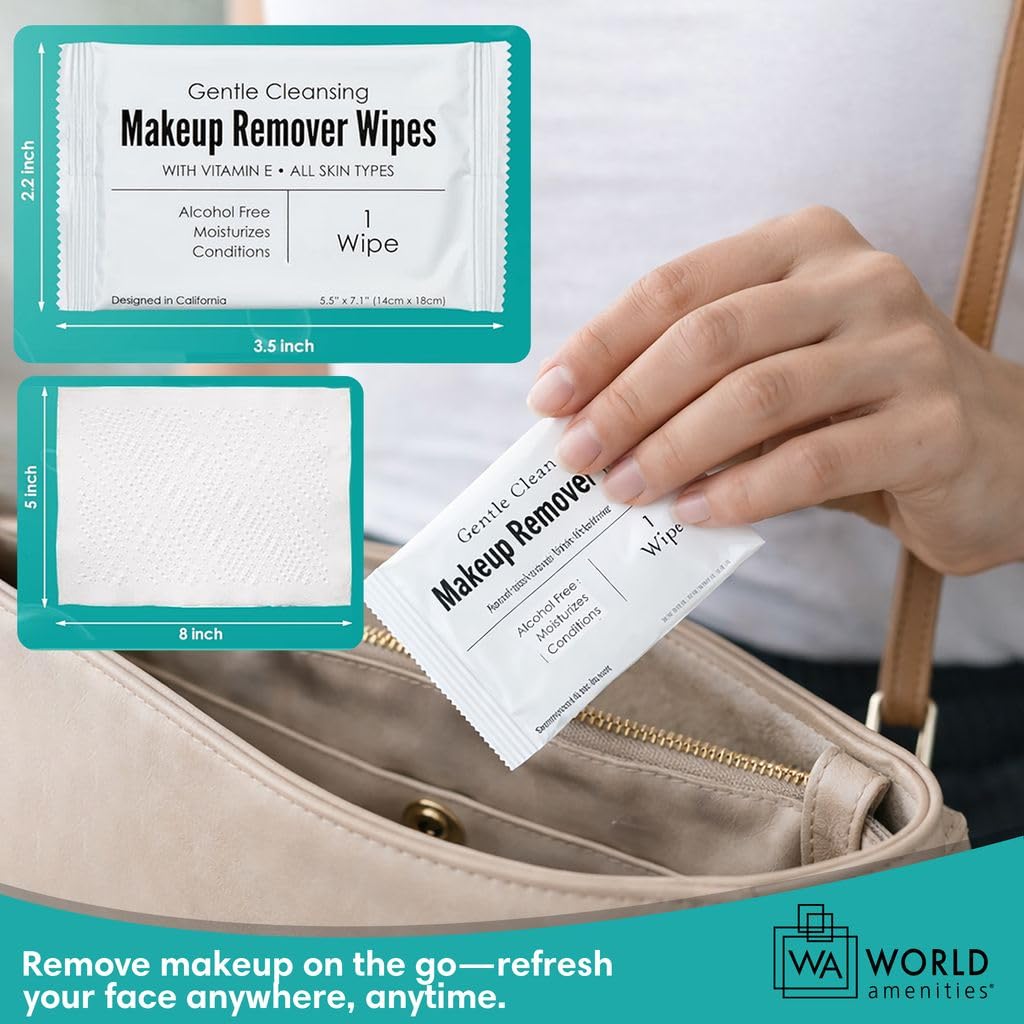 Makeup Remover Wipes - Alcohol-Free Vitamin E Facial Cleansing Wipes for Sensitive Skin | 50 Individually Wrapped Travel-Friendly Wipes