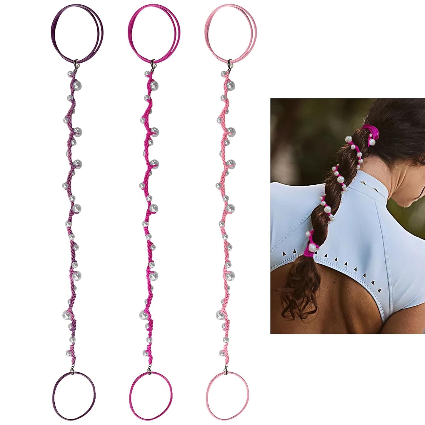 Pearl Hair Ties for Women - Hand-Braided Sport Ponytail Holders | Tangle-Free 16” Wraps in Hot Pink, Blue & Green (3 Pack)