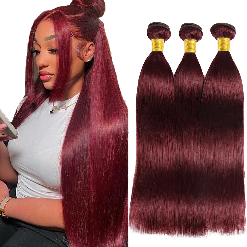 #99J Burgundy Bundles Straight Bundles Human Hair 14 16 18 Inch 3 Bundles 50 Gram Per Bundle Wine Red Color Straight Bundle Unprocessed Brazilian Virgin Weave Hair Extensions