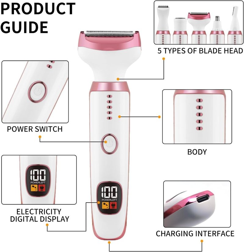 Electric Razors for Women, 5 in 1 Painless Ladies Wet & Dry Body Razors and Facial Hair Remover, Rechargeable Facial and Body Hair Remover for Face Nose Eyebrow Arms Armpit Legs Pubic Area（White）