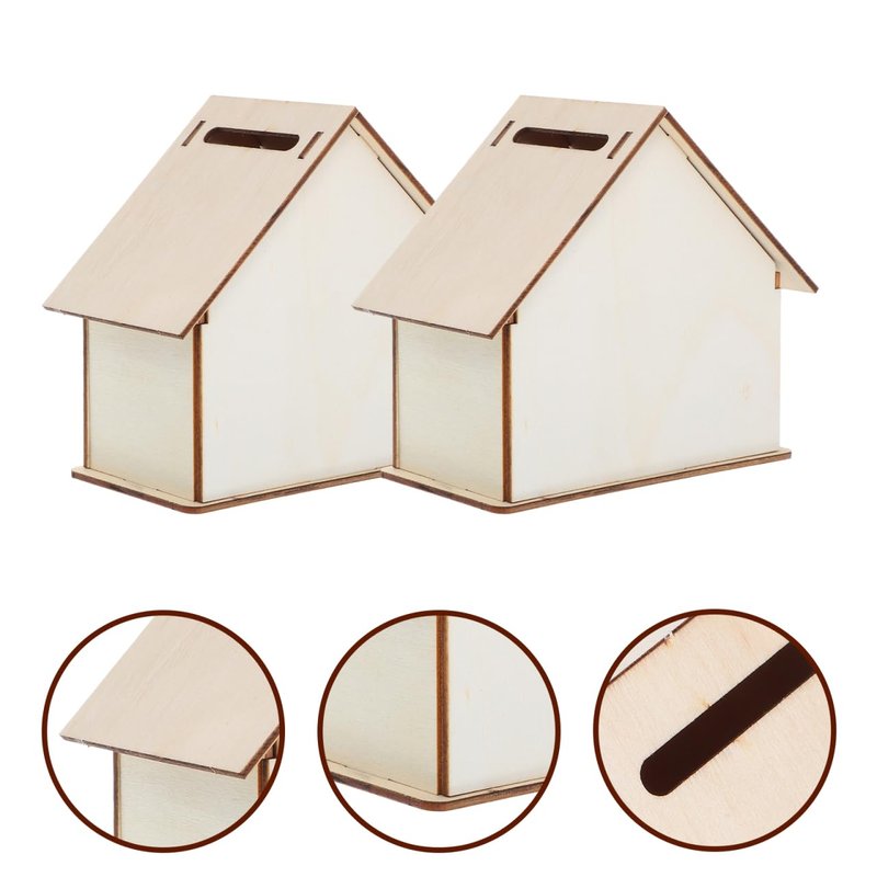 Angoily 15-Piece DIY Wooden House Piggy Bank Set Unfinished Wood Coin Bank for Kids Craft Painting Savings Container 4.13X6.49X3.93In
