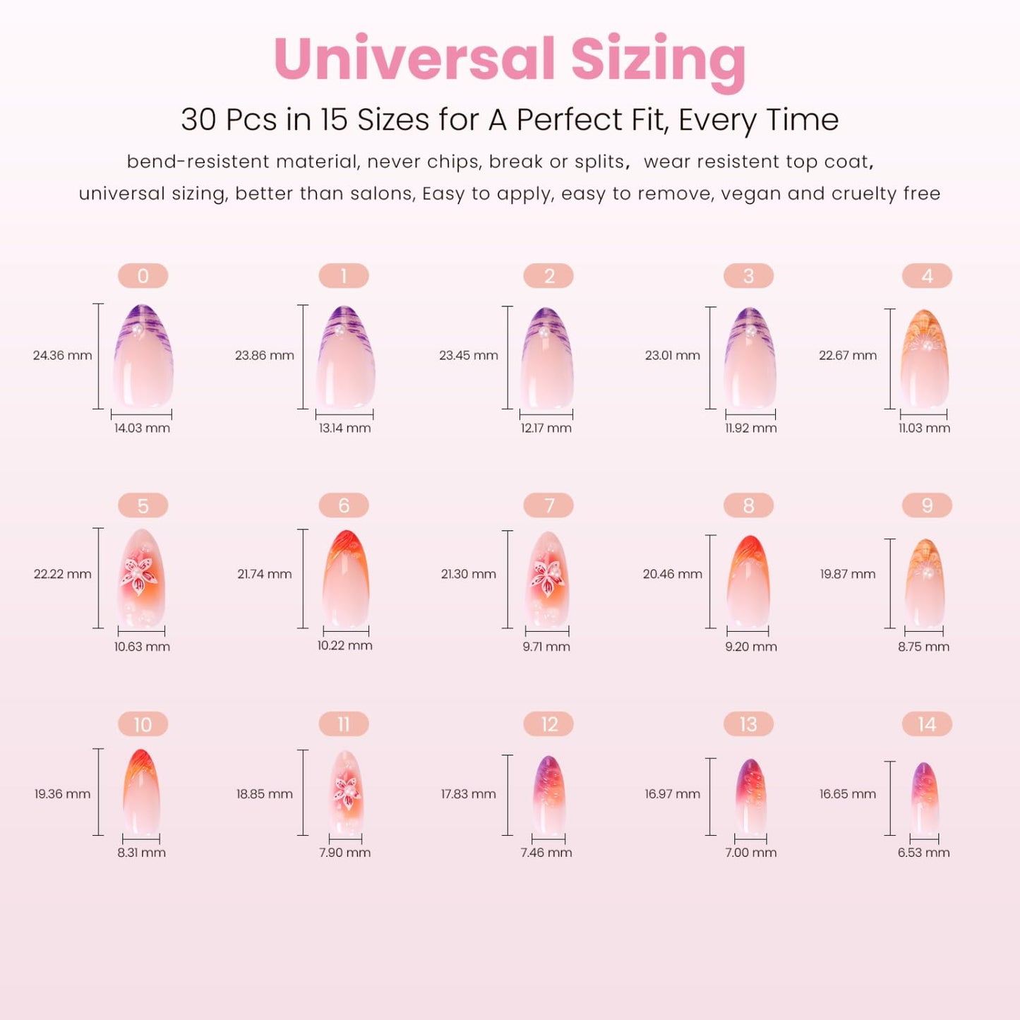 Press On Nails - Tropic Tide Sunset Orange to Deep Purple | Medium Almond Shape with 3D Floral Accents - Reusable 30-Piece Set in 15 Sizes