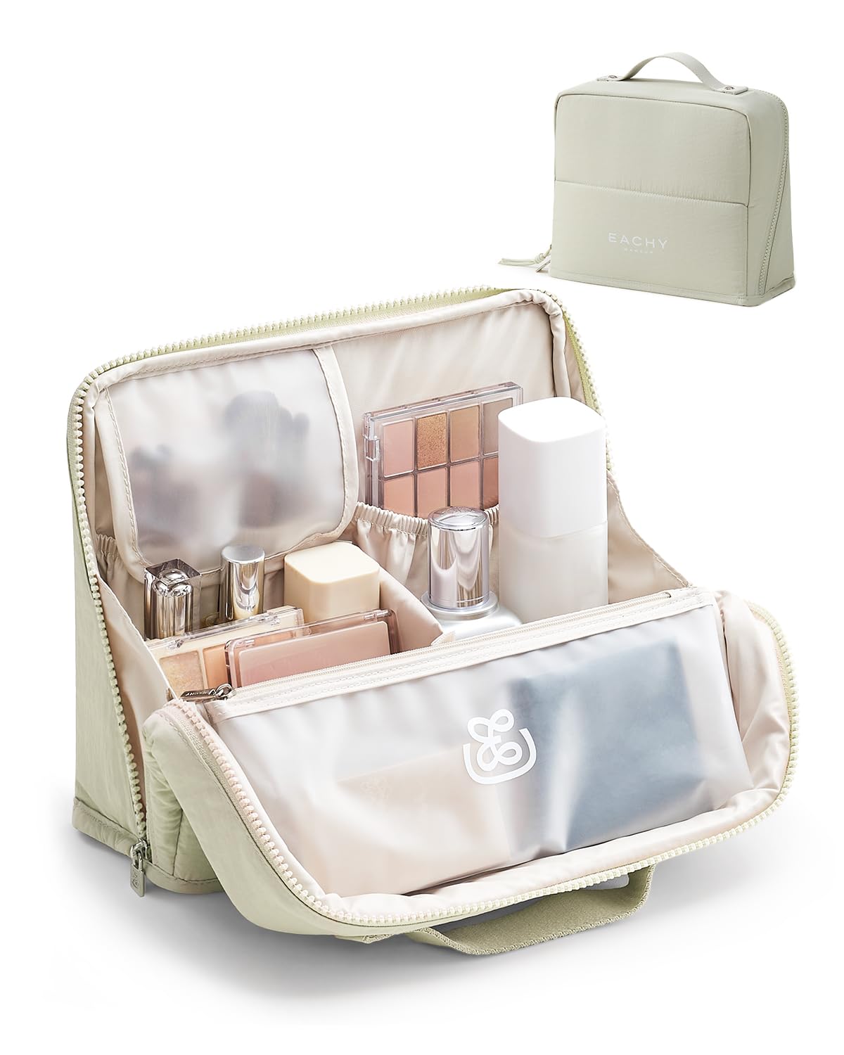 EACHY Standing Makeup Bag - Large Waterproof Cosmetic Bag & Toiletry Bag Organizer with Phone Holder, Detachable Dividers, Wipe-Clean Brush Pouch for Women