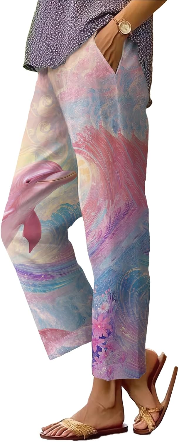 Womens Plus Size Floral Boho Capris - Elastic Waist Beach Trousers | Casual Summer Pants