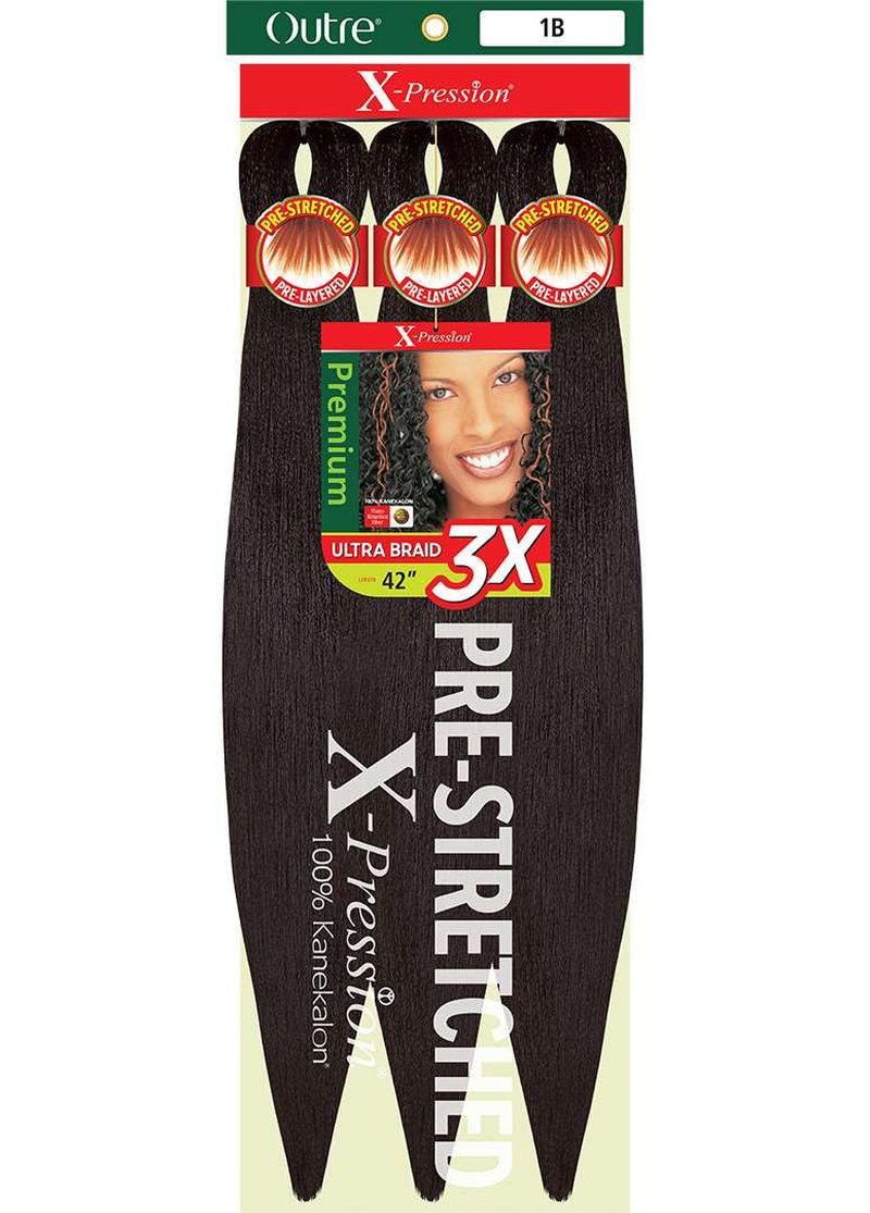Outre X-Pression Pre-Stretched Braid 42" - 3X Braid Pack in Off Black 1B | Perfect for Braiding Styles
