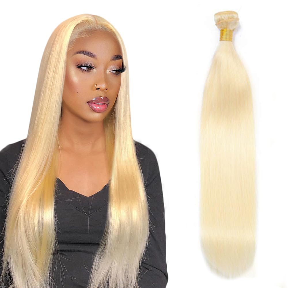 AuokMar Blonde Bundles Human Hair 613 Straight Bundles 18 inch 50g Double Weft 8A Grade 613 Blonde Straight Bundle Human Hair Extensions
