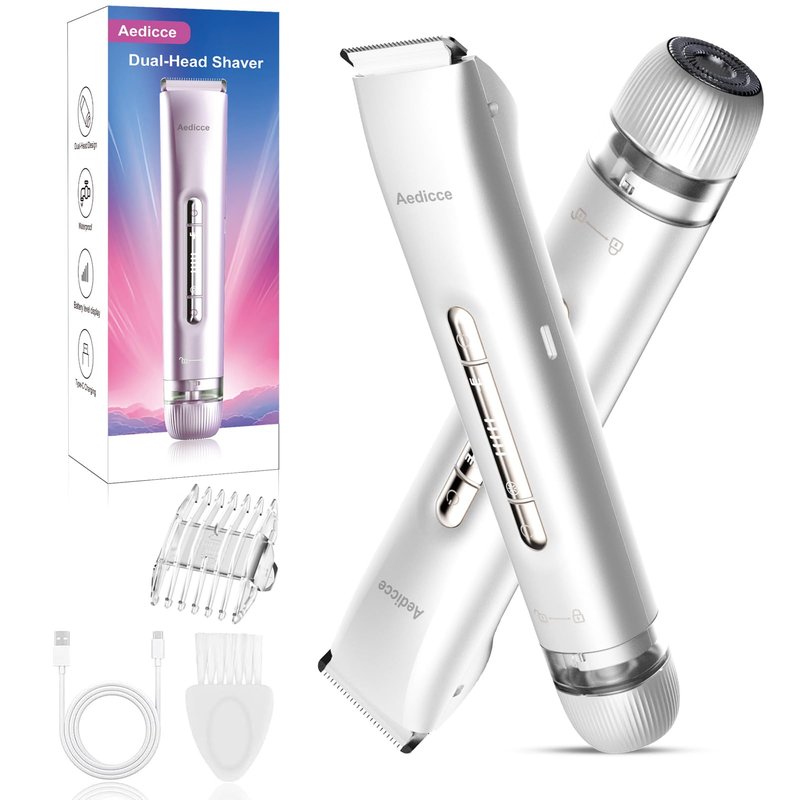 Bikini Trimmer for Women 2 in 1, Dual Head Womens Electric Shaver, Electric Razors for Pubic Hair, IPX7 Waterproof Rechargeable Facial Hair Removal for Shaving Underarm Leg Arm Body Face, White