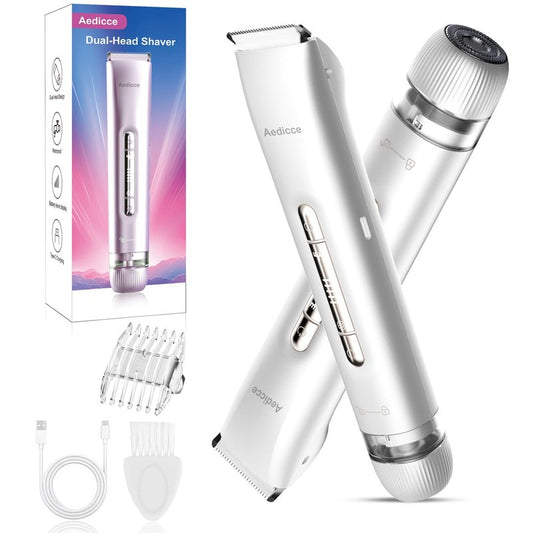 Bikini Trimmer for Women 2 in 1, Dual Head Womens Electric Shaver, Electric Razors for Pubic Hair, IPX7 Waterproof Rechargeable Facial Hair Removal for Shaving Underarm Leg Arm Body Face, White