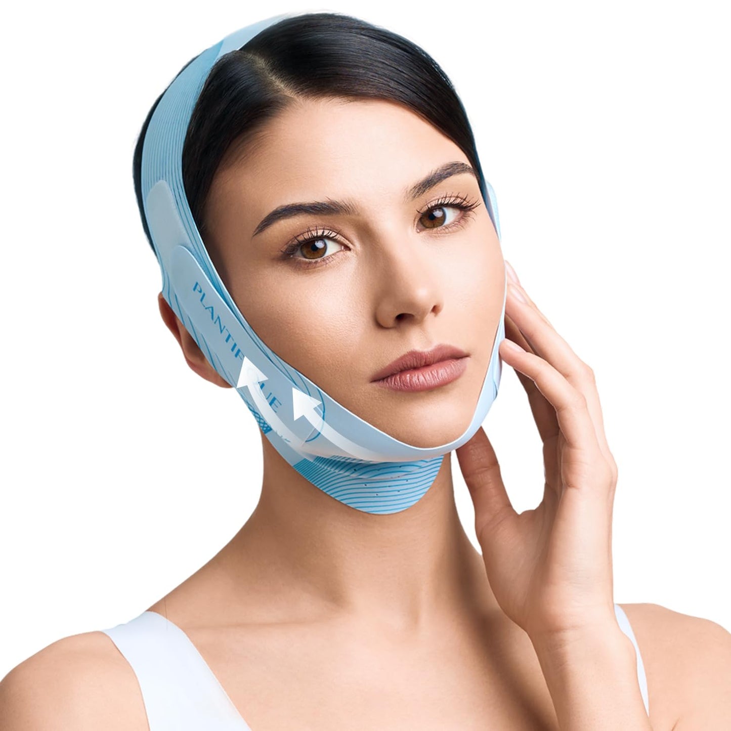 PLANTIFIQUE Chin Strap for Face Contouring - Reusable V Line Ice Silk Fabric Mask - Double Chin Shaping, Adjustable, Breathable Fabric - Jawline Shaper for Women & Men (Blue)