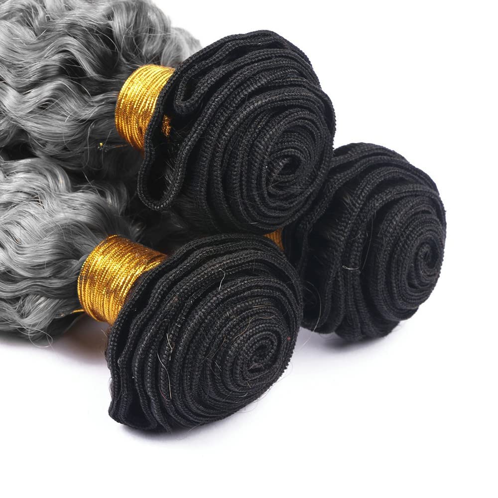 Ombre Human Hair Bundles Grey Deep Wave Bundle Brazilian Virgin Hair 3 Bundles 30 32 34 Inch 1b/grey Bundle Hair Extensions 300g