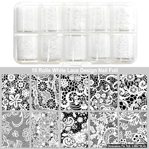 MOLILON 10 Rolls White Lace Nail Foil with Holographic Patterns