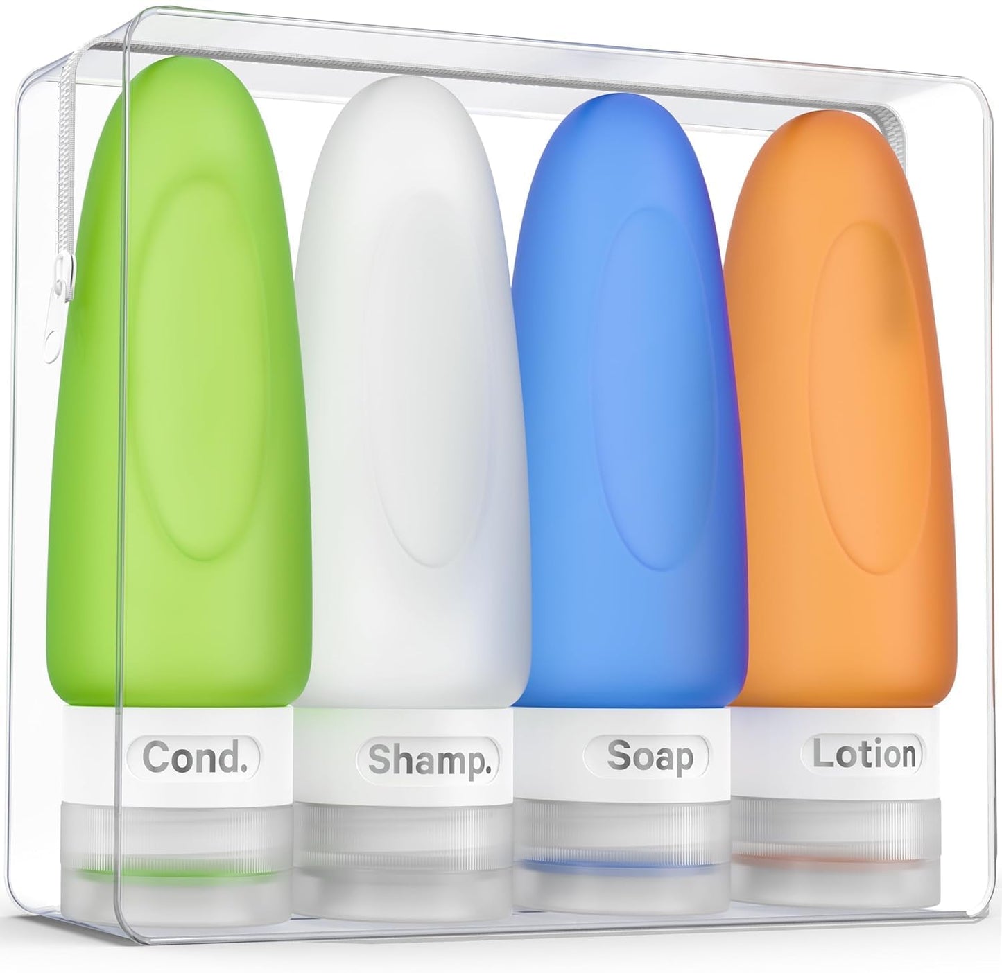 Leak Proof Travel Bottles - TSA Approved 3oz Silicone Toiletries for Shampoo & Conditioner | Set of 4 with Labels