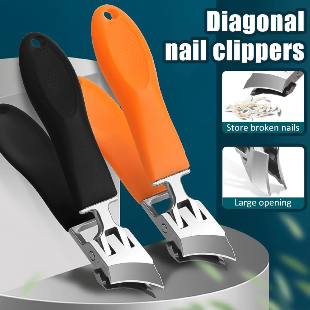 Wide Jaw Opening Anti-Splash Slanted Nail Clipper - Curved Fingernail & Toenail Clippers for Thick Nails | Black & Orange