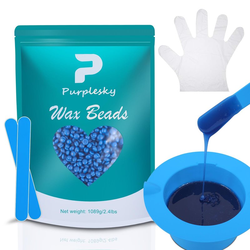 PURPESKY Wax Beads Bulk, 2.4lbs Hard Waxing Beans for Hair Removal, Brazilian Coarse Wax for Face, Leg, Bikini, Home Waxing Kit with Collapsible Bowl/Pot & Collapsible Bowl (Sea salt)